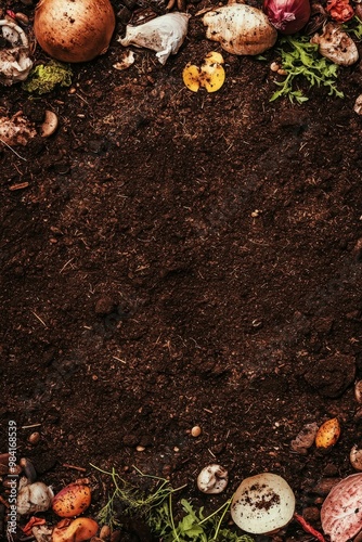 Close-up of rich, dark soil framed with organic compost for gardening.