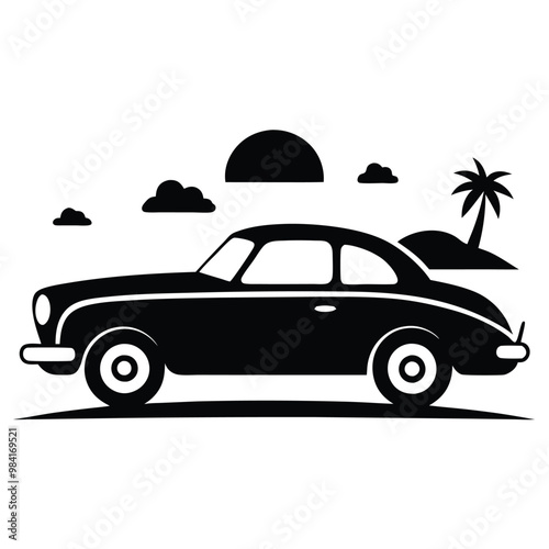 A black car with a surfboard on the top of it 
