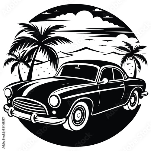 A black car with a surfboard on the top of it 
