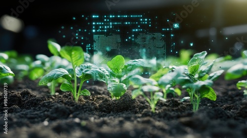 Plant sensors placed in the soil, captured in a close-up shot, with a holographic screen displaying alerts about harmful pests, offering cutting-edge precision for crop protection.