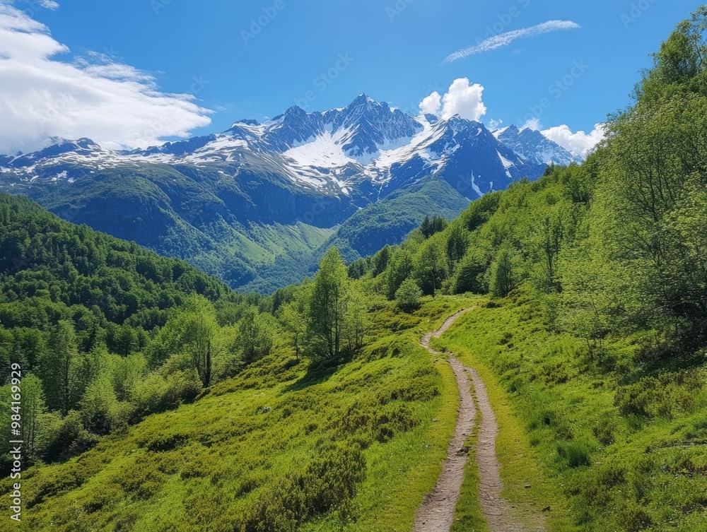 A captivating mountain hiking trail that offers breathtaking views as it winds through dense forests and ascends towards snowy peaks A captivating mountain hiking trail that offers breathtaking views as it winds through dense forests and ascends towards snowy peaks