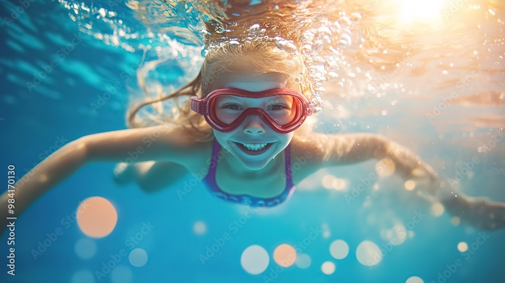 Fototapeta premium joyful girl kid learning to swim and dive underwater in pool. active lifestyle and swimming lessons for child on summer vacation 