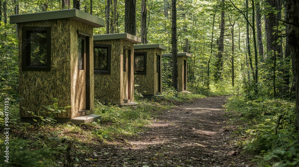 A series of small wildlife conservation outposts along a forest trail, each camouflaged with fiber cement siding that blends into the natural surroundings A series of small wildlife conservation outposts along a forest trail, each camouflaged with fiber cement siding that blends into the natural surroundings