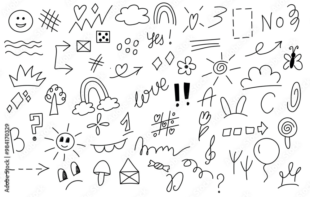Big set of cartoon doodle hand drawn elements. Line art. Crowns, hearts, stars, flowers, sparkles, arrows, lightnings, rainbow and other funny design elements. Big set of cartoon doodle hand drawn elements. Line art. Crowns, hearts, stars, flowers, sparkles, arrows, lightnings, rainbow and other funny design elements.
