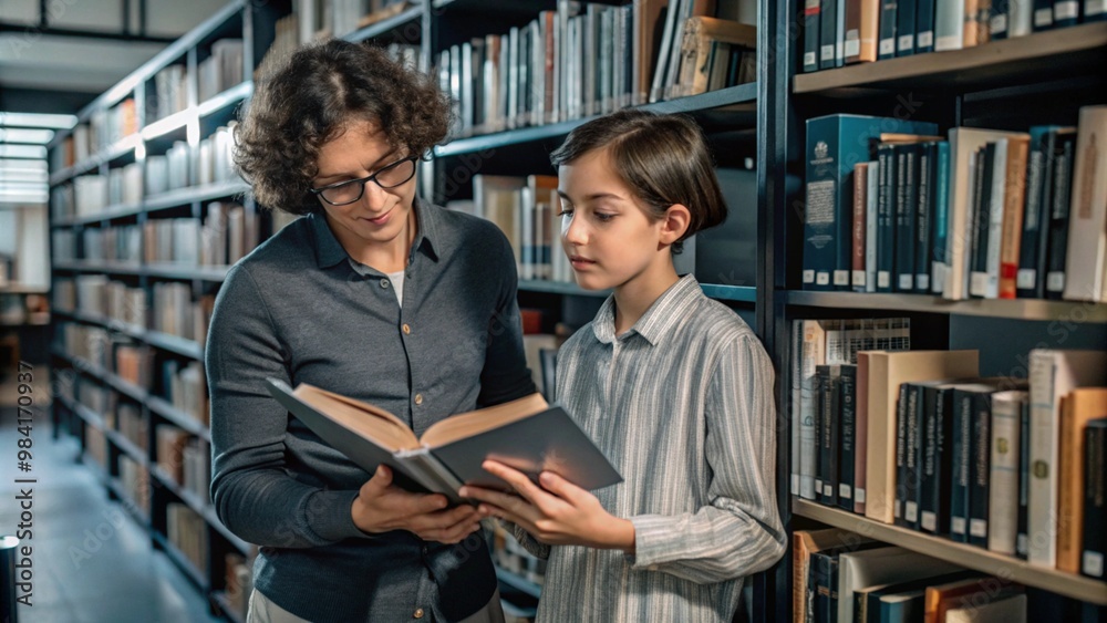 Librarian assisting student in finding books at library Librarian assisting student in finding books at library