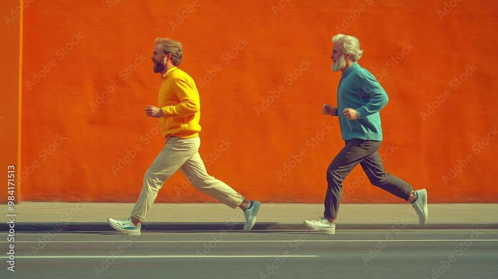 Two men, one in a bright yellow sweater and the other in blue, jog together along a bustling street against a striking orange wall