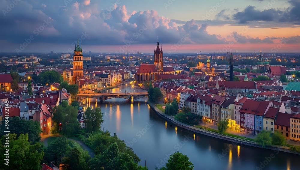 Obraz premium Aerial view of a European city at sunset with a river flowing through it.