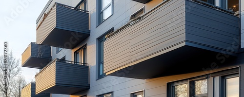 A series of urban renewal apartments, each featuring balconies clad in sleek, dark fiber cement siding, providing a contemporary look and enhanced weather resistance