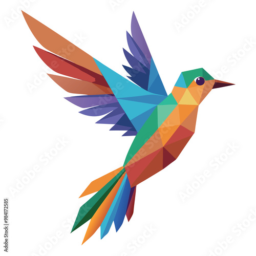 Low poly colorful bird flying on white background
