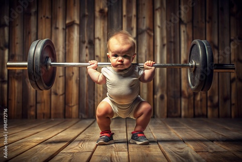 A European baby in a gym setting lifting a heavy barbell displaying impressive strength and determination the baby is dressed in a onesie and appears extremely focused on the task.