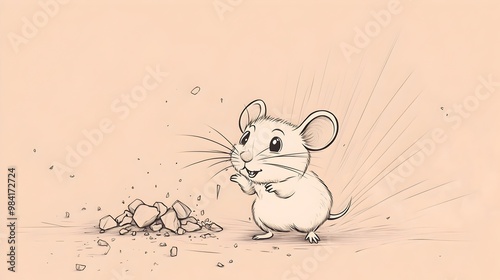 Cartoon Mouse Scampering to Safety During Earthquake on Minimalist Line Art Background photo