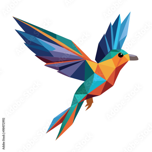 Low poly colorful bird flying on white background