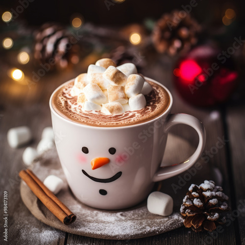 Mug of Hot Chocolate with a Melted Marshmallow Snowman