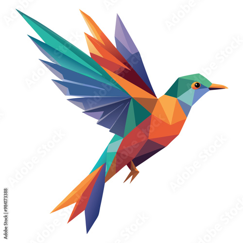 Low poly colorful bird flying on white background