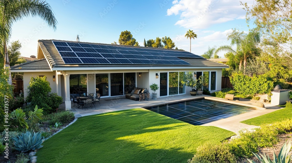 Modern Home with Solar Panels and a Covered Patio Overlooking a Swimming Pool Modern Home with Solar Panels and a Covered Patio Overlooking a Swimming Pool
