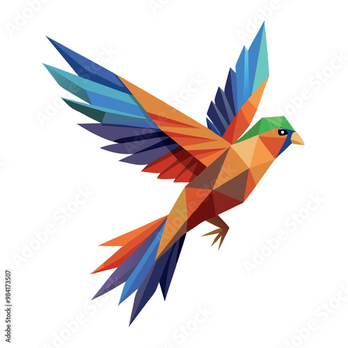 Low poly colorful bird flying on white background