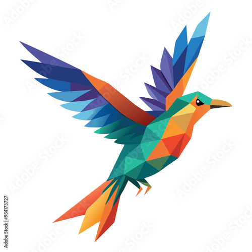 Low poly colorful bird flying on white background