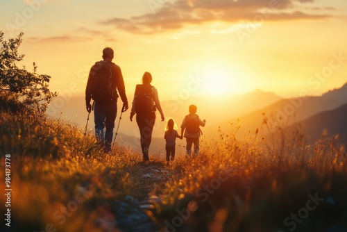 Family hiking on mountain trail at sunset enjoying the view