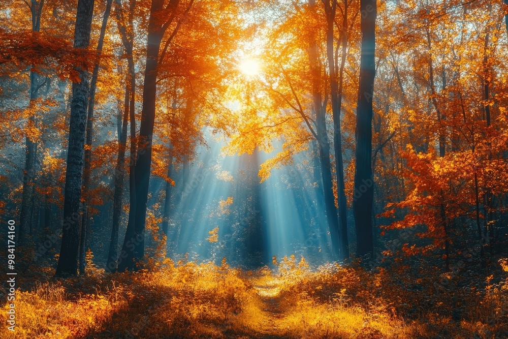 Sun shining through fog and trees creating a magical autumn forest path Sun shining through fog and trees creating a magical autumn forest path
