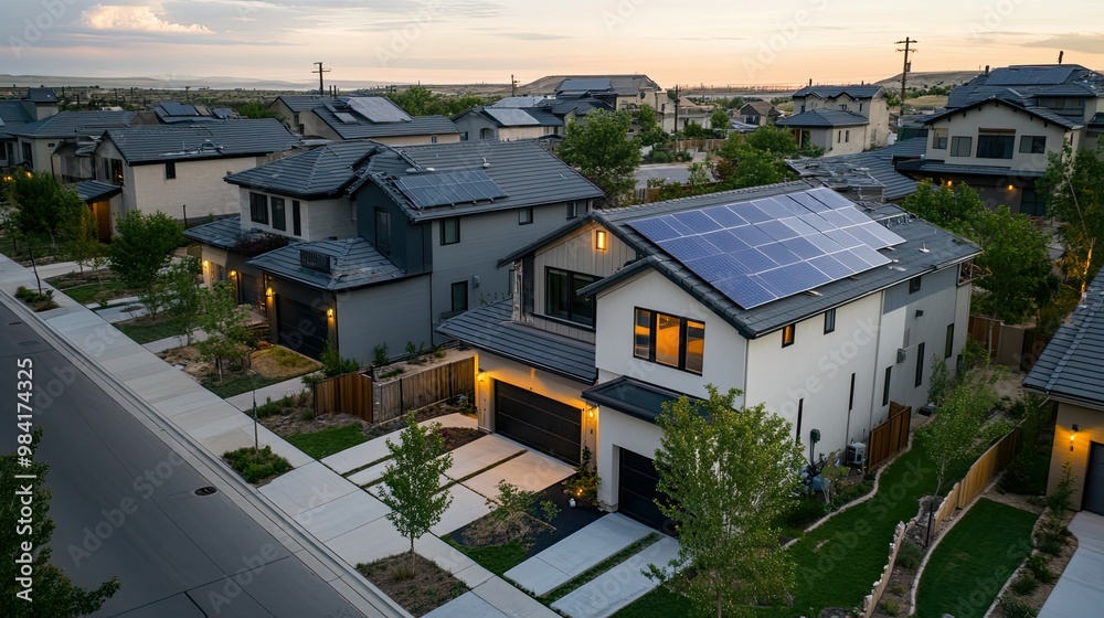 Modern Suburban Houses with Solar Panels and Lush Landscaping at Dusk Modern Suburban Houses with Solar Panels and Lush Landscaping at Dusk