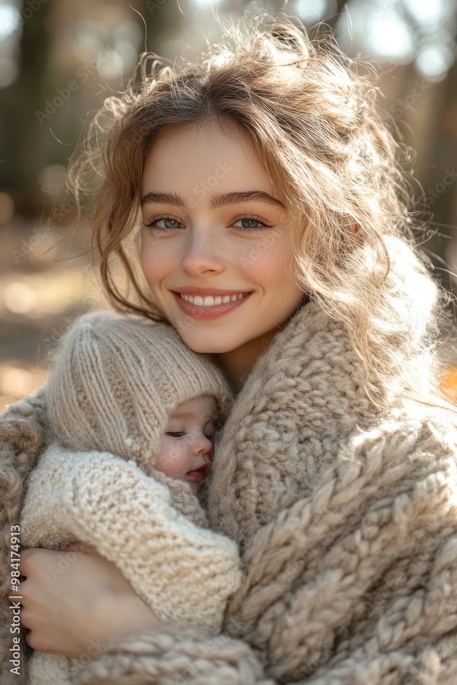 Young mother smiling and holding her baby in autumn forest
