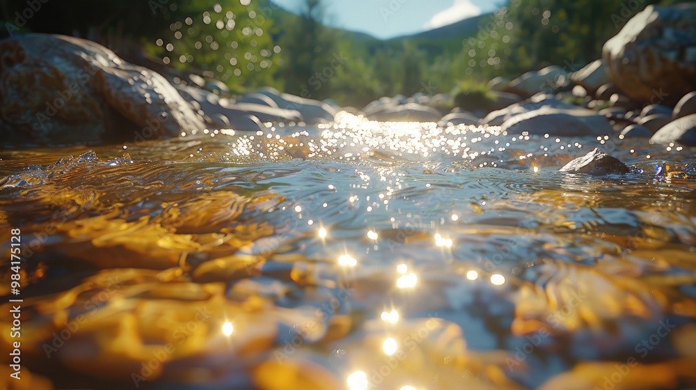 Fototapeta premium The surface of a crystal-clear mountain stream, the water sparkling as it flows over smooth stones. Generative AI.