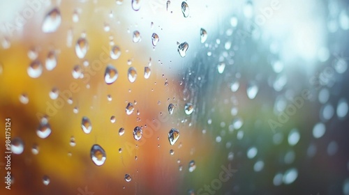 Water droplets cascading down a glass window with a soft blurred background creating a sense of rainy autumn weather