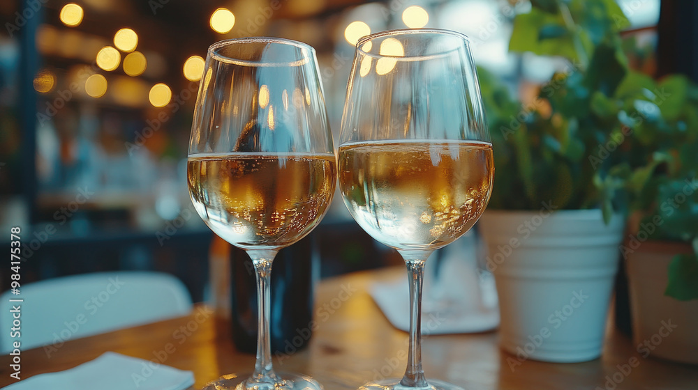 Two glasses of white wine sit on a wooden table, illuminated by warm lights and accompanied by a stylish potted plant, creating a welcoming atmosphere Two glasses of white wine sit on a wooden table, illuminated by warm lights and accompanied by a stylish potted plant, creating a welcoming atmosphere