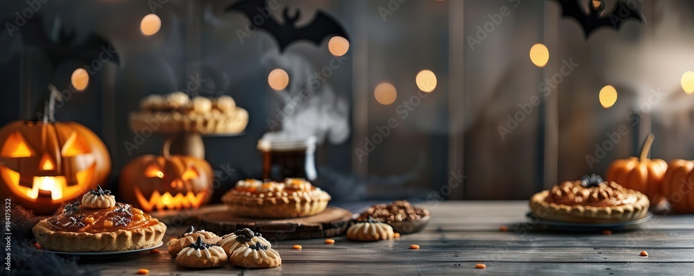 Obraz premium A witch s bakery in the heart of Halloween, with glowing jack-o'-lantern pies and smoky witch s brew cookies, cybernetic tone, Complementary Color Scheme