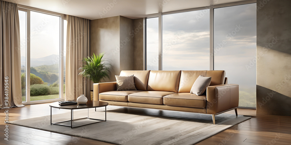 Fototapeta premium Modern Minimalist Living Room with Light Leather Sofa – Wide Angle View