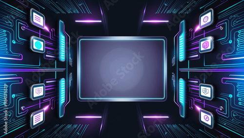 A futuristic circuit board design featuring neon blue and purple lights, geometric lines, and technology symbols. The central area offers space for digital content or interfaces. photo