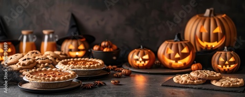 A witch s bakery in the heart of Halloween, with glowing jack-o'-lantern pies and smoky witch s brew cookies, cybernetic tone, Complementary Color Scheme photo