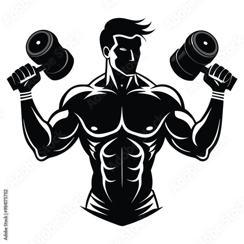 A silhouette of a man holding a dumbbe
