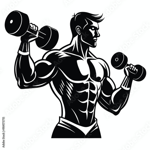 A silhouette of a man holding a dumbbe