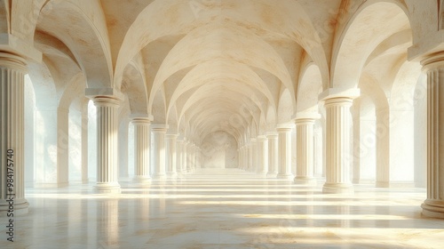 Classical architecture interior with columns forming a hallway leading to the light