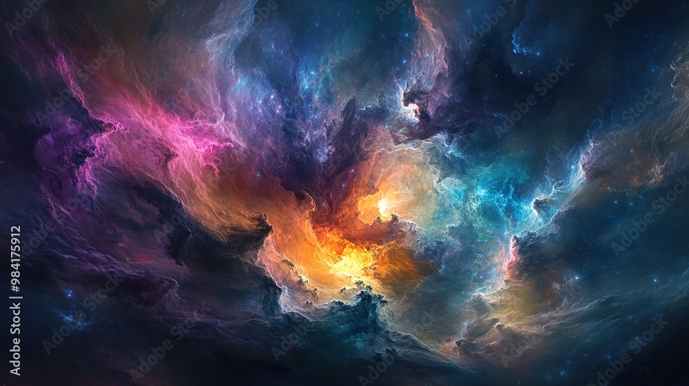 A vibrant cosmic scene with swirling colors and celestial formations. A vibrant cosmic scene with swirling colors and celestial formations.