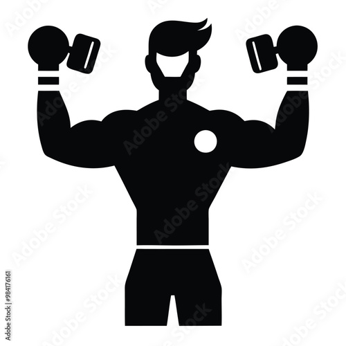 A silhouette of a man holding a dumbbe