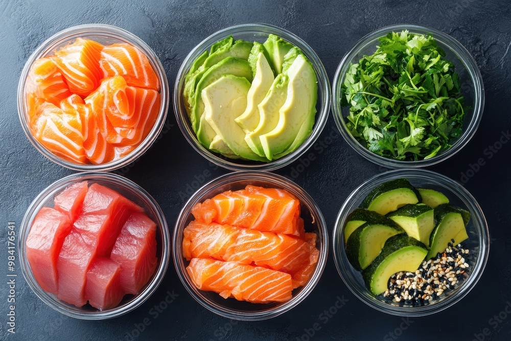 deconstructed sushi bowl sashimi, avocado, pickled ginger in separate containers served on dark background deconstructed sushi bowl sashimi, avocado, pickled ginger in separate containers served on dark background