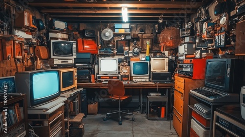 Horizontal view of a garage that is outfitted with computers and other vintage items 