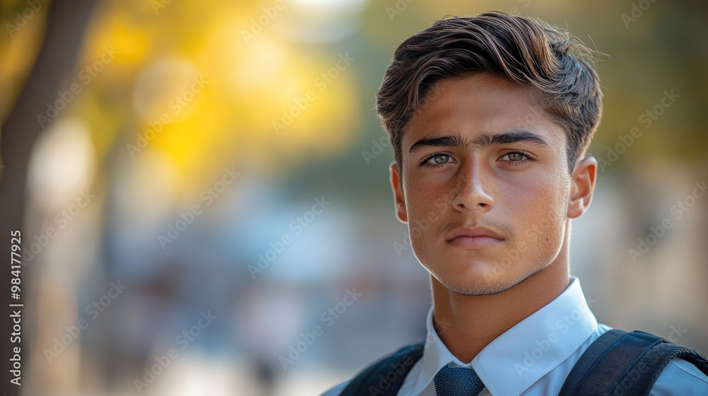 A young man with styled hair and a serious expression stands outdoors, wearing a formal shirt and backpack, with autumn colors in the background