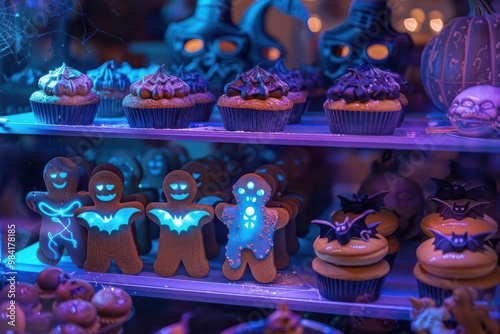 Front view of a witch s bakery, with spooky pastries like haunted gingerbread men and glowing bat cupcakes, cybernetic tone, Complementary Color Scheme