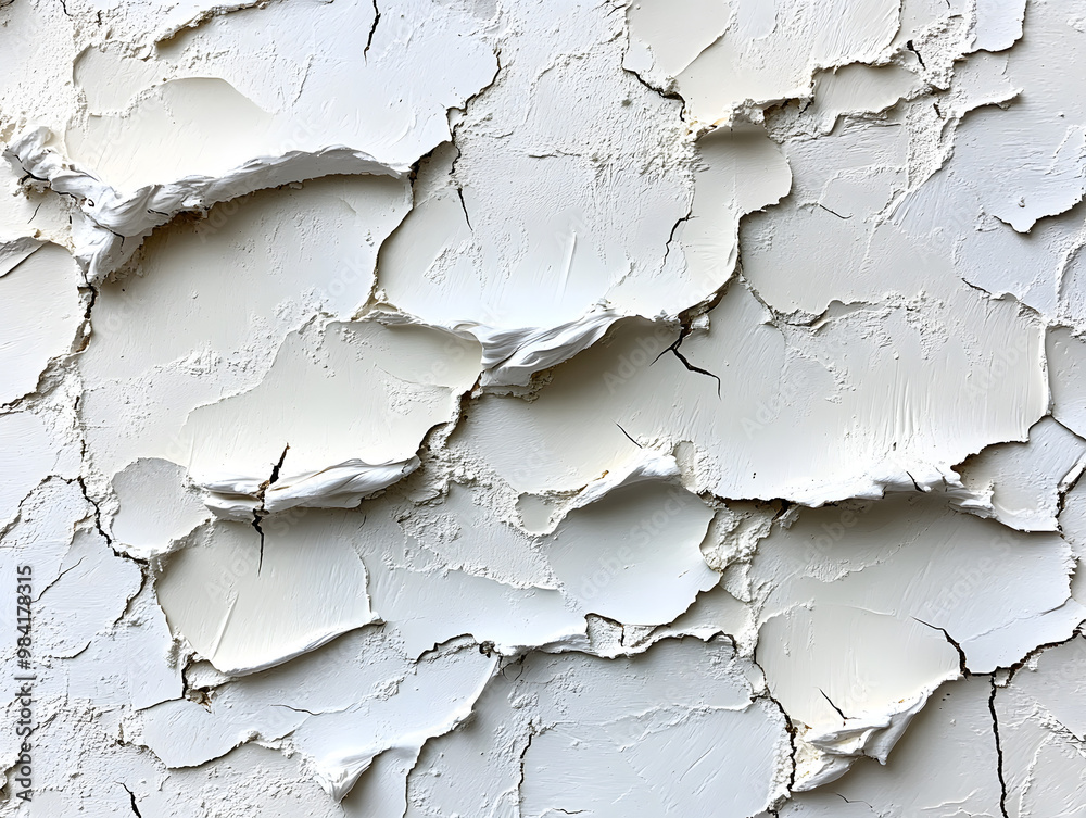 Obraz premium Close-up of cracked white paint on a textured surface, showcasing intricate patterns and layers of peeling material.