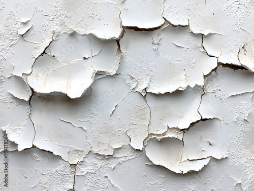 Close-up of cracked white paint on a textured wall, showcasing intricate patterns and peeling layers for artistic backgrounds.