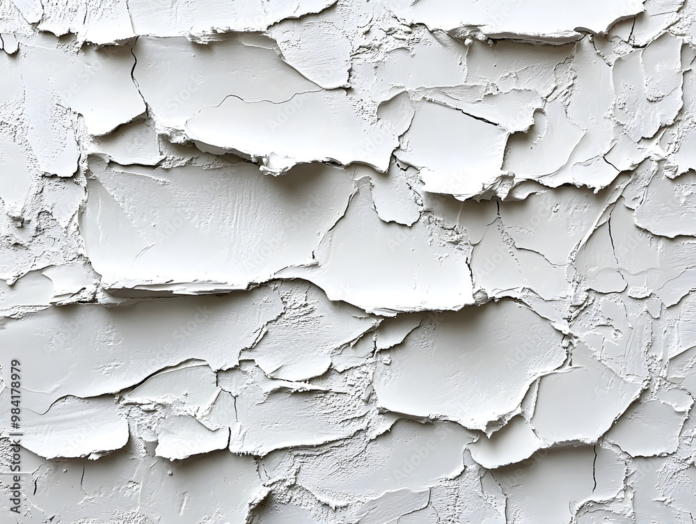 Obraz premium Close-up of textured white plaster wall featuring cracked patterns and layered surface, ideal for background and abstract designs.