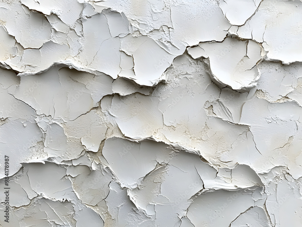 Close-up of textured white wall with cracked paint, showcasing an abstract pattern ideal for backgrounds or artistic projects. Close-up of textured white wall with cracked paint, showcasing an abstract pattern ideal for backgrounds or artistic projects.