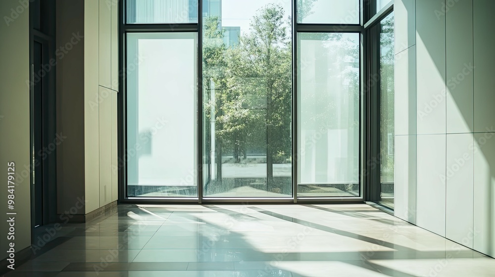 Fototapeta premium Sunlight Streaming Through Large Windows in a Modern Hallway