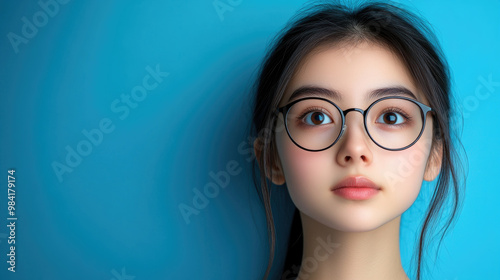 A girl wearing glasses looks thoughtfully into the distance, set against a vibrant blue backdrop that enhances her features and mood