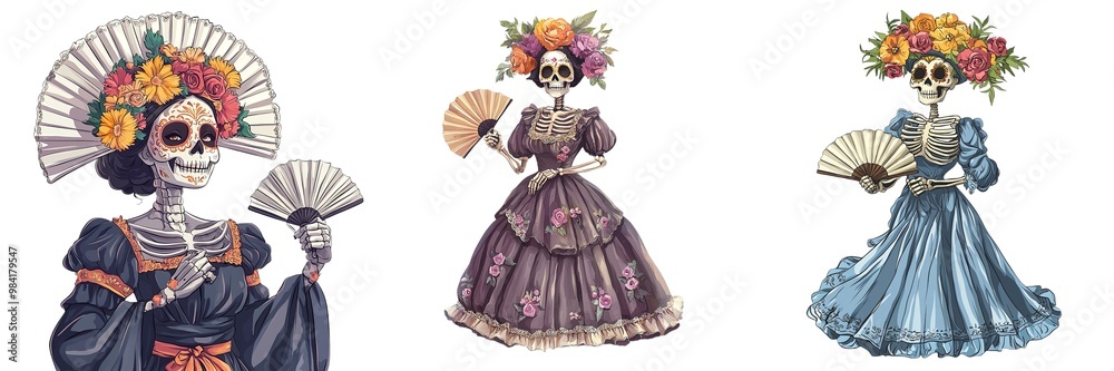 Fototapeta premium Three artistic sugar skulls in traditional dresses with flowers and fans, white background.