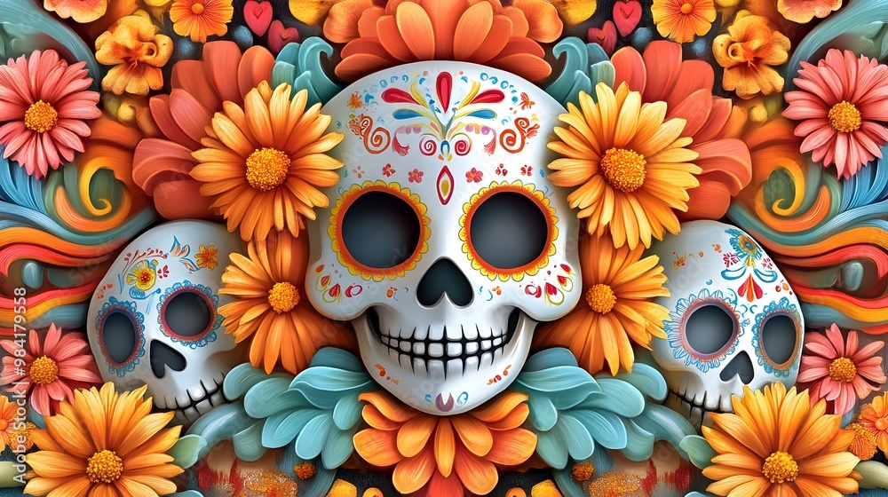 Vibrant Art Nouveau Day of the Dead Inspired Nursery Decor with Sugar Skull Motifs and Marigold Flowers Vibrant Art Nouveau Day of the Dead Inspired Nursery Decor with Sugar Skull Motifs and Marigold Flowers