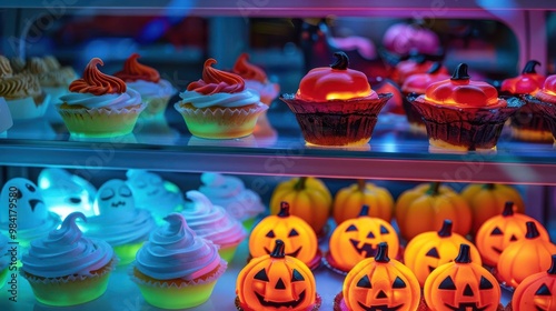 Front view of Halloween pastries like glowing ghost pies and neon pumpkin cupcakes in a witch s bakery, cybernetic tone, Complementary Color Scheme photo